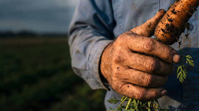 Farmer holding freshly harvested dirty carrot from soil.