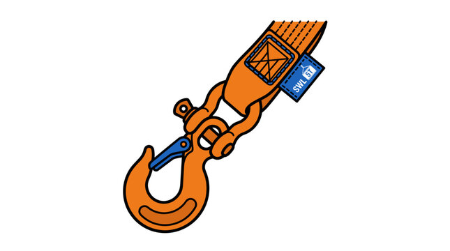 Heavy duty orange industrial crane hook with polyester web sling and safety shackle for professional lifting and rigging