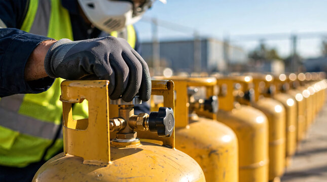  close-up of a professional engineer's gloved hand carefully inspecting a yellow propane gas cylinder in a licensed industrial storage facility.