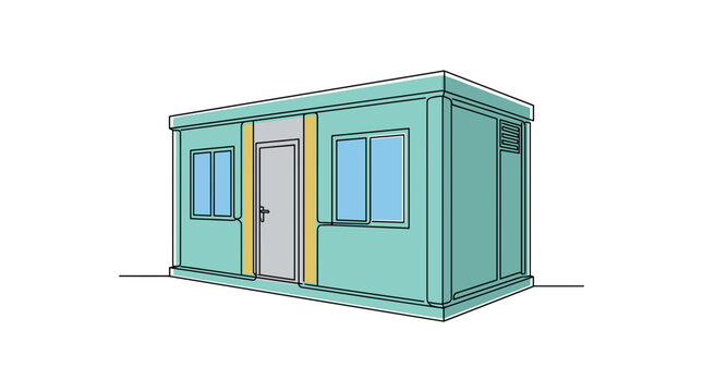 Continuous line art drawing of a modern modular container house, portable office cabin or prefab tiny home on white