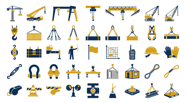 Industrial heavy lifting and construction crane icon set featuring rigging tools, safety equipment, and machinery symbols in flat design.