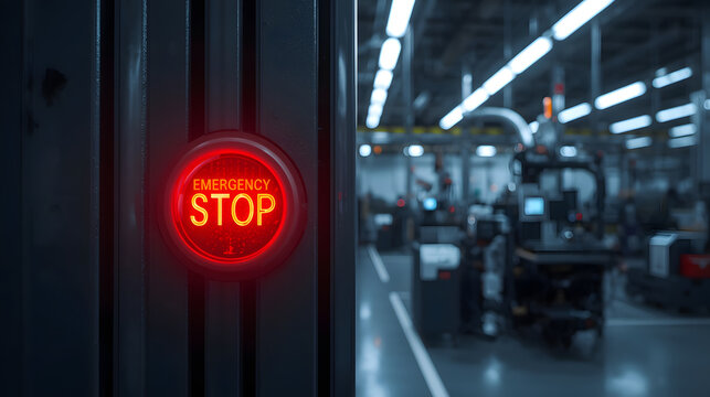 Emergency Stop Button in Factory: A glowing red emergency stop button is prominently displayed on industrial machinery within a factory setting, highlighting safety protocols and operational control.