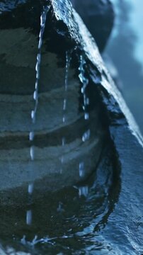 Vertical video: Dripping carved stone lip guiding steady runoff into shallow pool, creating ripples