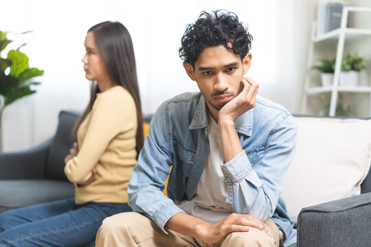 Breakup and depressed, asian young quarrel couple love fight relationship in trouble. Different people are emotion angry. Argue husband has expression upset with wife. Problem of family people.
