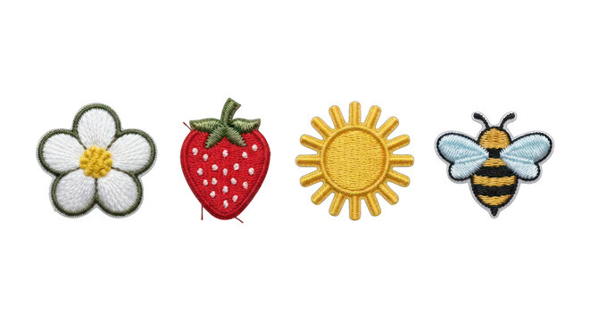 Embroidered Summer Icons: Flower, Strawberry, Sun, and Bee - White Background