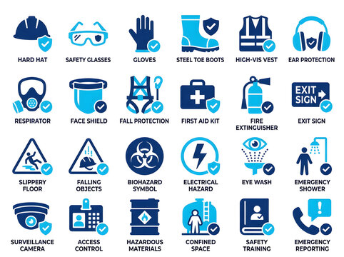 Set of industrial safety and workplace health protection icons for construction sites.
