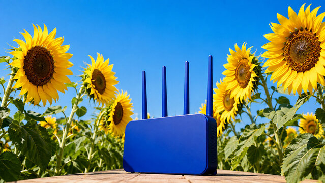 Sunflowers turning toward WiFi router as essential connectivity and strong internet signal concept