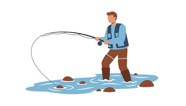 Man in a vest and boots stands in the water and fishes with a fishing rod in a river.