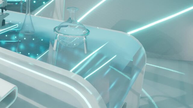 A laboratory setting shows clear glass equipment on a table. The area is filled with bright lights and high tech design elements. The space looks modern and well organized.
