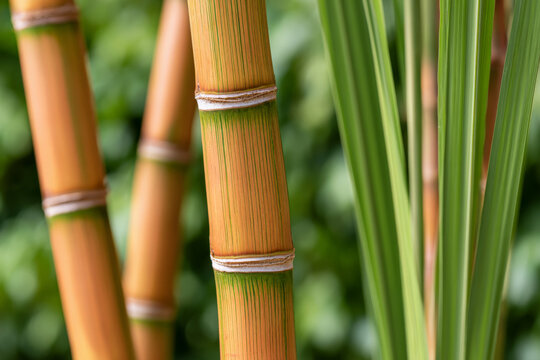 Close view of colorful sugarcane stalks and green leaves growing outdoors, tropical plant, cane crop, sustainable agriculture.