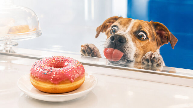 Dog staring eagerly at donut on kitchen counter as irresistible temptation and food craving concept