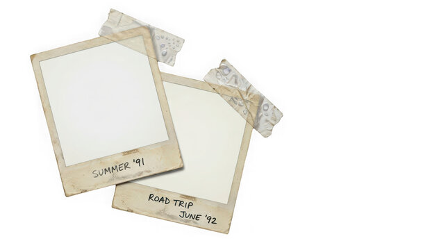 Two vintage instant photos with handwritten captions, 'Summer '91' and 'Road Trip June '92', taped to a transparent background for nostalgic scrapbooking or collage.