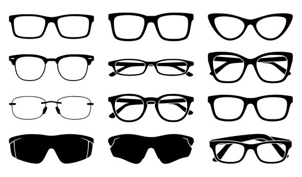 Classic Eyeglasses and Eyewear Frame Black Silhouette Icon Set