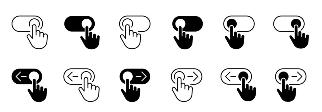 Toggle switch with hand click icon set. On off button, swipe control, user interface choice and option activation outline solid vector symbols.