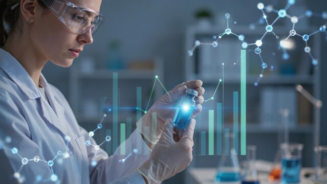 Scientist analyzing vaccine vial with digital data