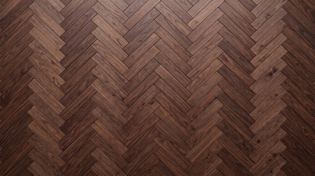 A classic herringbone parquet flooring pattern crafted from rich, dark wood, showcasing intricate geometric design and natural grain texture.