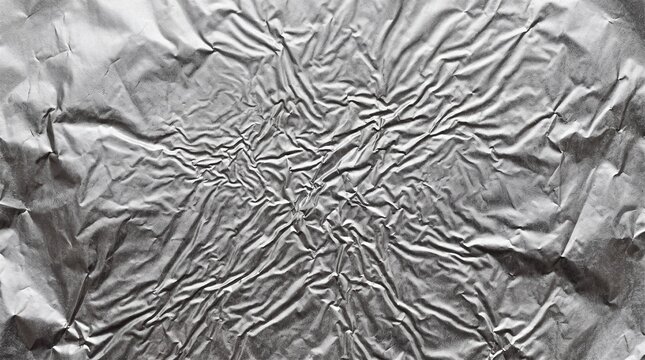 Close-up view of crumpled silver foil, showcasing intricate textures and reflective highlights in a dramatic, abstract composition.