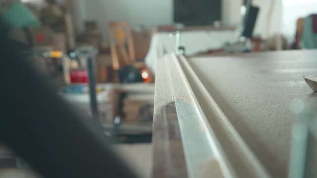 Freshly cut edge of a walnut countertop with saw kerf visible and workshop tools in the background