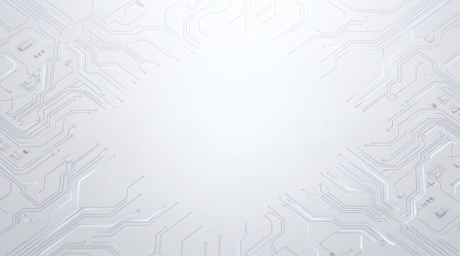 Modern White Abstract Printed Circuit Board Background with Futuristic Microchip Microchip Paths and Central Copy Space