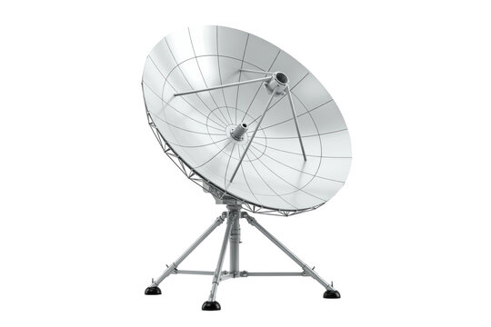 Large white satellite dish antenna with metal tripod stand for telecommunications and signal transmission isolated on a transparent background