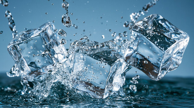 Ice Cubes Splashing in Clear Water on Blue Background