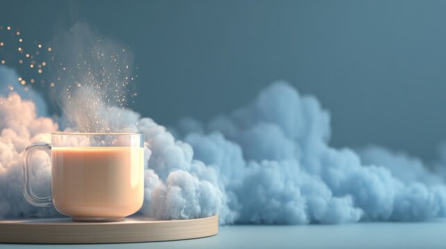 Surreal steaming beverage in glass mug on wooden coaster with blue dreamlike clouds background