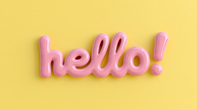Glossy pink 3D hello typography on a bright yellow background, playful minimal communication concept