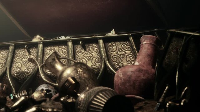 A collection of old vessels and artifacts sits in a dark space. The items show signs of age and history. Light highlights the details of the treasure.