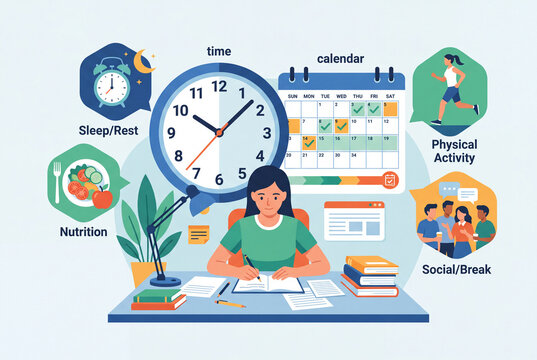 Student Time Management and Balanced Study Routine Illustration