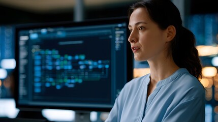 Obraz premium A woman in a light blue shirt looks intently at a computer screen displaying a blue and green data visualization