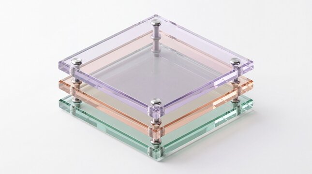 3D integrated software tech stack concept with layered pastel glass plates and silver hardware