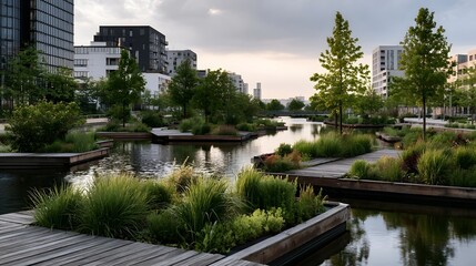 Fototapeta premium Urban waterway with floating planters and modern buildings under soft daylight serene green landscape in city environment