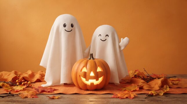 Charming halloween scene featuring two friendly ghosts and a cheerfully carved pumpkin amidst autumn leaves