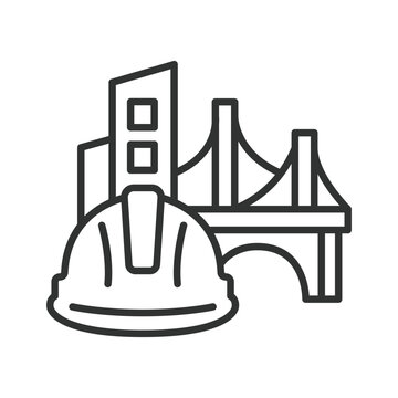 Urban construction and development, icon in line design. City, building, bridge, helmet, safety, architecture, engineering on white background vector. Urban construction and development editable strok