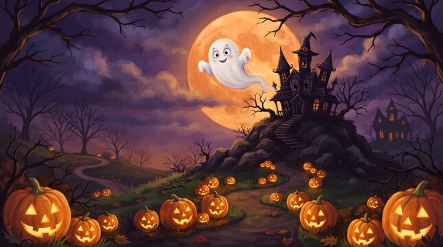 A spooky halloween night scene featuring a haunted castle a full moon and many jack o' lanterns