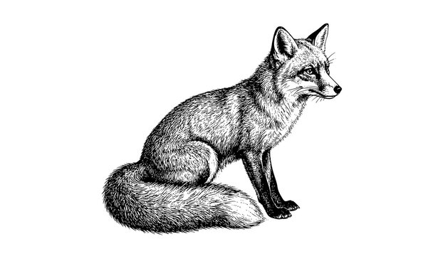 Sitting red fox hand drawn vintage engraving vector illustration isolated