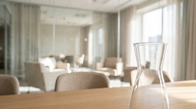 A modern, bright office or meeting room with a wooden table and a glass carafe in the foreground, featuring light-colored furniture and large windows.