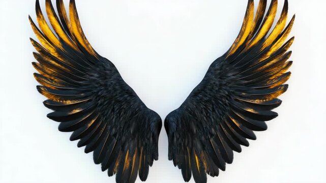 Majestic Black and Gold-Tipped Angel Wings on White Background