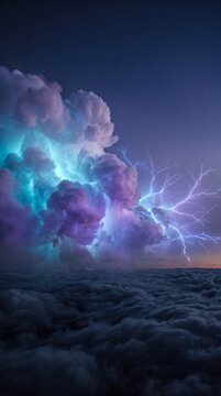 Dramatic lightning strike illuminating massive storm clouds above a thick layer of clouds at twilight.