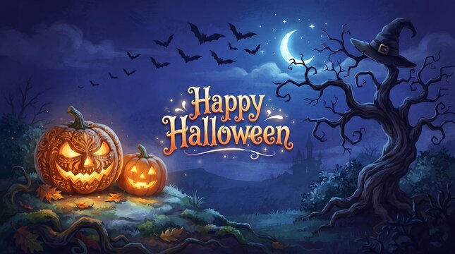 A spooky and delightful halloween scene featuring glowing pumpkins bats and a haunted moonlit night