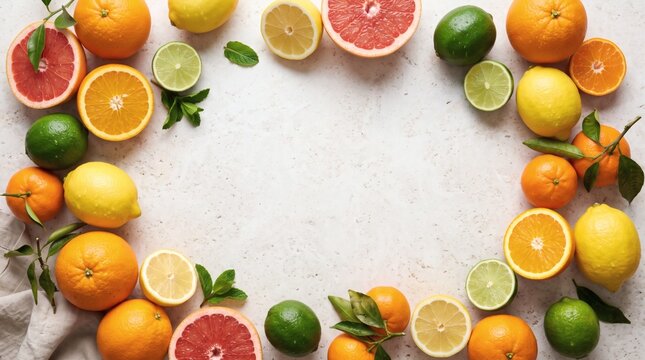Fresh citrus fruits frame with oranges lemons limes and grapefruit on a white stone background.