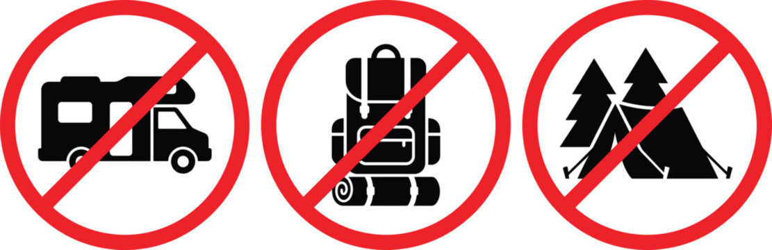 Forbidden Campsite Access Icon Set, Red Camping Restriction Sign Vectors on White