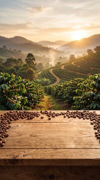 Wooden table with roasted coffee beans overlooking a scenic mountain coffee plantation at sunrise.