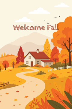 Welcome Fall Autumn Countryside Landscape Illustration