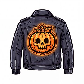 Black Leather Biker Jacket Featuring a Spooky Glowing Pumpkin Skull Design Back Graphic for Halloween Apparel