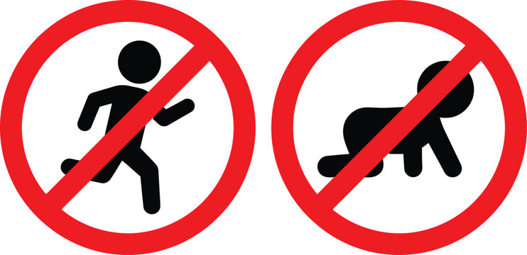 No Children Allowed Prohibition Icon Set, Red Warning Sign Vectors on White