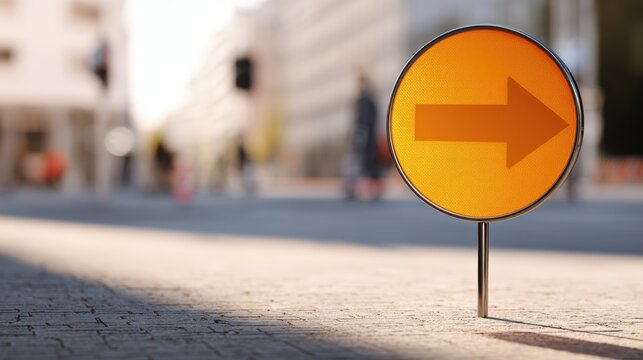 Orange Circular Road Sign With Right Arrow