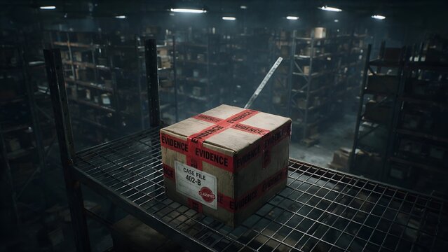Cardboard evidence box marked with red tape and a classified label sitting alone on a dark metal shelf inside a mysterious dimly lit storage warehouse facility