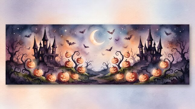A spooky halloween night scene with a dark castle pumpkins bats and a full moon
