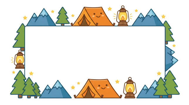 Cute camping themed border frame with tents, mountains, trees, and lanterns isolated on transparent background